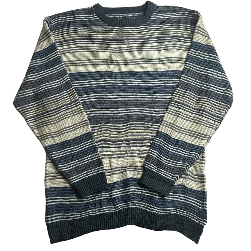 Vintage Marquis Men’s Striped Knit‎ Sweater Size L Gray Beige Blue Textured 90s